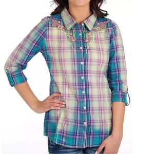 Roar Button Up Plaid Western Shirt Women’s Medium Embroidered Y2K Beaded Indie